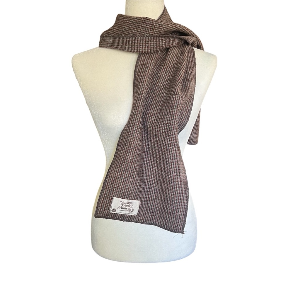 Amana Woolen Mills brown red check plaid wool scarf